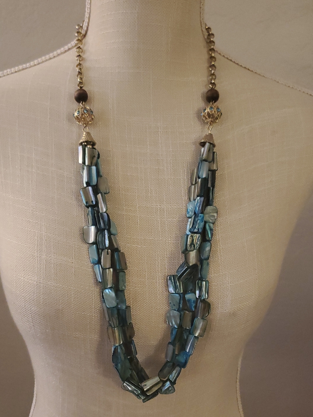 Multi-Strand Blue Shell Mother Of Pearl Chunky Bead Beach Boho Necklace